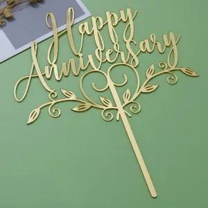 Gold acrylic Happy Anniversary cake topper for wedding or anniversary party dessert decoration