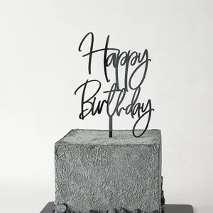 Black acrylic Happy Birthday cake topper for party baking decoration, stylish and durable design.