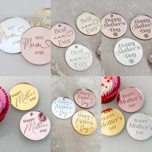 Round Mirror Acrylic Mother's Day Cupcake Topper Best Mum Ever Cake Charm Engraved Gold Silver Rose Gold Party Decor Tag