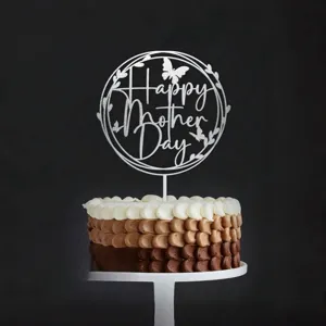 Vista detallada del elegante adorno para tarta de acrílico con purpurina plateada del Día de la Madre.