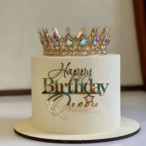 Διακόσμηση τούρτας ακρυλική Happy Birthday Queen με χρυσό στέμμα για πάρτι.