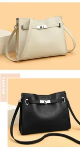 Vue détaillée du sac cabas élégant en cuir avec fermeture à tour classique en deux tons.