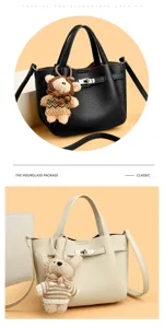 Detailed view of women's stylish PU leather handbag featuring metal lock and bear charm.