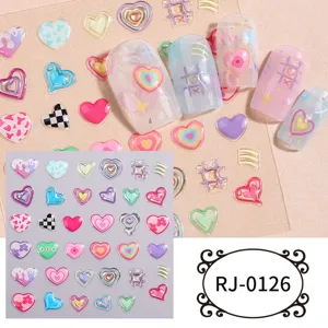 5D soft gel nail stickers, translucent jelly relief heart nail art decals for manicures.
