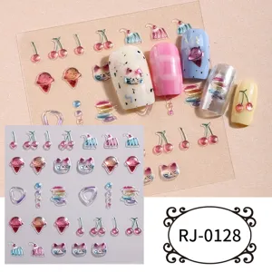 5D relief nail stickers cute cherry ice cream cat gel decals translucent nail art decoration