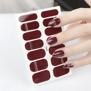 Burgundy plaid nail wraps gel sticker set manicure art decals for stylish women fingers
