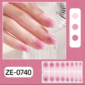 Set d'ongles autocollants dégradé rose paillettes cœur, autocollants de manucure faciles pour femmes.