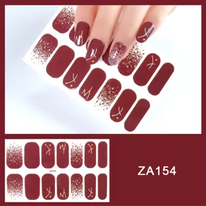 Detailed view of burgundy glitter nail wraps with star line art, showing exquisite design.
