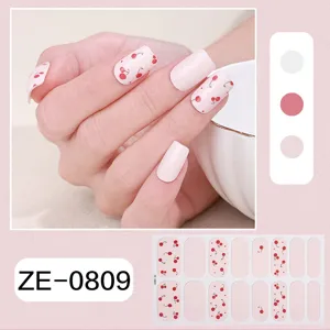 Cherry pattern nail wrap stickers, pink French manicure press on nail sheets for spring summer.