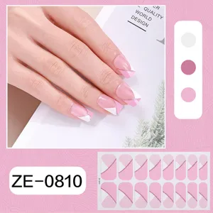 Detail view of French pink glitter nail wraps sticker, spring summer style nail art design.