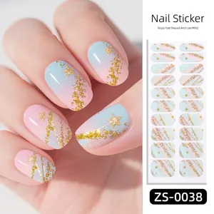 Gradient glitter nail wraps feature stunning pink blue ombre with gold star accents, 20 tips.