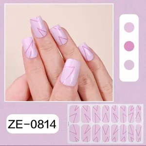 Close-up detail of light purple geometric nail wraps showing hand wear and full sheet layout.