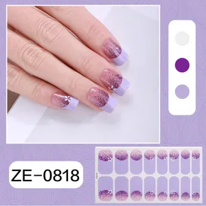 Purple glitter french nail art wraps spring flower adhesive nail stickers for women and girls