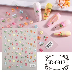Adesivi per unghie 5D in rilievo simpatici margherite ciliegie design per manicure