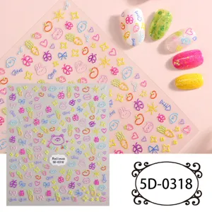 Adesivi per nail art 5D in rilievo carini con fiocchi colorati e motivi di cartoni animati.