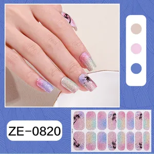 Spring summer gradient nail wraps with palm tree design, colorful manicure stickers detail view.