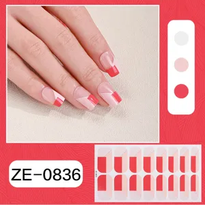 Close-up detail view of pink and red geometric French nail wrap stickers showing stunning style.