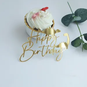 Gold Mirror Acrylic Happy Birthday Cake Topper Dinosaur Theme Party Decoration Supplies For Boys Kids Cake Insert Ornament