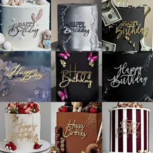 Topper per Torta Happy Birthday in Acrilico Oro Argento Decorazione Tavolo da Dessert Decorazione Moderna Artistica per Festa