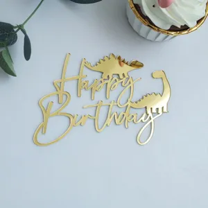 Gold acrylic dinosaur Happy Birthday cake topper for kids birthday party decoration supplies.
