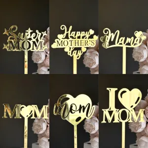 Gold mirror acrylic Mother's Day cake topper set, lovely dessert decoration for mom party.