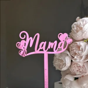 Pink mirror acrylic Mama cake topper detail, elegant heart design for Mother's Day celebration.