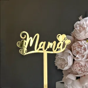 Gold Mirror Acrylic Mama Cake Topper with Hearts for Mother's Day Cake Decoration Party Supplies