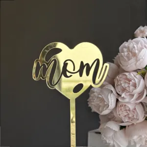 Gold mirror acrylic mom cake topper heart shape cake decoration for mothers day party