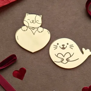 Gold mirror acrylic cat and seal heart cake topper, cute Valentine DIY decorative charm.