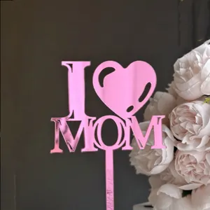 Pink mirror acrylic I love MOM cake topper for Mother's Day baking dessert decor.