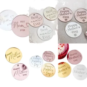 Acrylic mirror Mother's Day cupcake topper engraved round disc cake decoration for party.