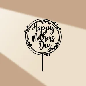 Adorno para tarta Happy Mothers Day en acrílico negro, vista detallada festiva.