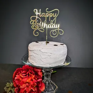 Goldener Acryl Happy Birthday Kuchenaufsatz für Partydekoration und Desserttischpräsentation.