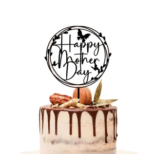 Topper de tarta de acrilico Happy Mother Day con corona y mariposa para celebracion.