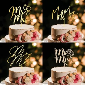 Topper de Gâteau Fiançailles Mr Mrs en Acrylique Bois Décoration de Gâteau de Mariage de Proposition Romantique Miroir Or