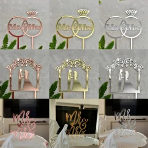 Acrylic Mirror Wedding Cake Topper Romantic Bride Groom Silhouette Double Ring Monogram Engagement Proposal Cake Decoration Insert Party Favors Supplies