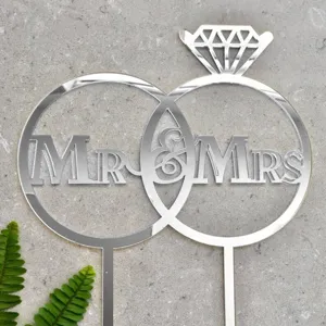 Acrylic Mr & Mrs cake topper for wedding and proposal party, silver double rings design.