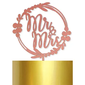 Décoration de gâteau Mr & Mrs paillettes or rose mariage fête dessert design couronne florale.