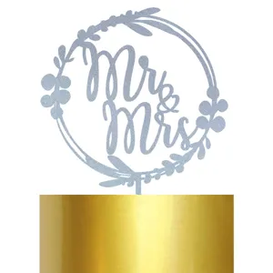 Decoration gateau mariage Mr et Mrs avec couronne florale paillettes argent brillant