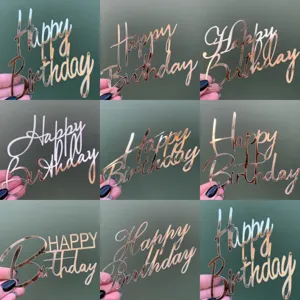 Acryl Happy Birthday Kuchenaufsatz Glänzende Spiegel Buchstaben Geburtstag Party Dessert Tisch Deko Kursive Schrift Backzubehör