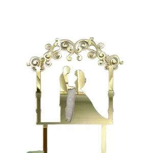 Gold acrylic bride and groom wedding cake topper silhouette arch dessert table decoration.