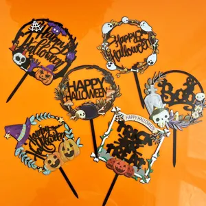 Halloween Cake Toppers Acrylic Castle Bat Pumpkin Spooky Cake Inserts For Halloween Party Dessert Decoration Supplies