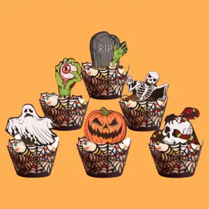 Halloween Cupcake Verpackung Deko Set Papier Ausgehöhlt Spinnennetz Geist Kürbis Skelett Dessert Kuchen Dekoration Für Halloween Thema Party Dekorationen