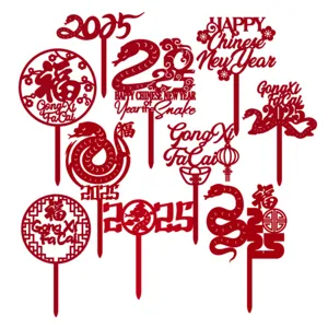 Decoración para Tartas de Acrílico Estilo Chino Calado de Papel Rojo Serpiente Patrón Año Nuevo Fiesta Decoración Postre