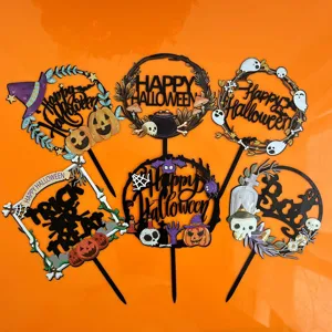Halloween cake toppers set acrylic pumpkin ghost skull party insert decorations detail view