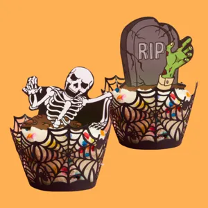 Halloween Muffinförmchen und Topper Set mit gruseligem Skelett und Grabstein für Halloween.