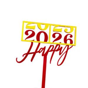 Red and yellow acrylic 2026 New Year cake topper detail view for party celebration.