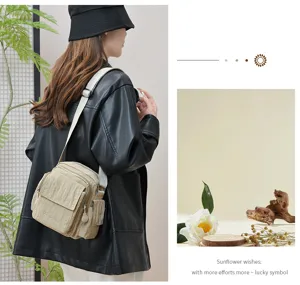 Close-up of multi-pocket waterproof canvas crossbody bag, ideal for outdoor travel and daily use.