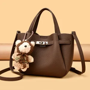 High Quality Leather Lock Bucket Bag Women Handbag Casual Top Handle Bag Stylish Crossbody Bag with Bear Pendant