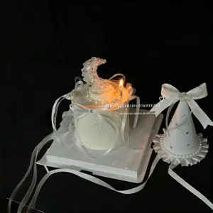 Handmade white birthday cake decoration set with crystal moon, pearls and bow ribbons.